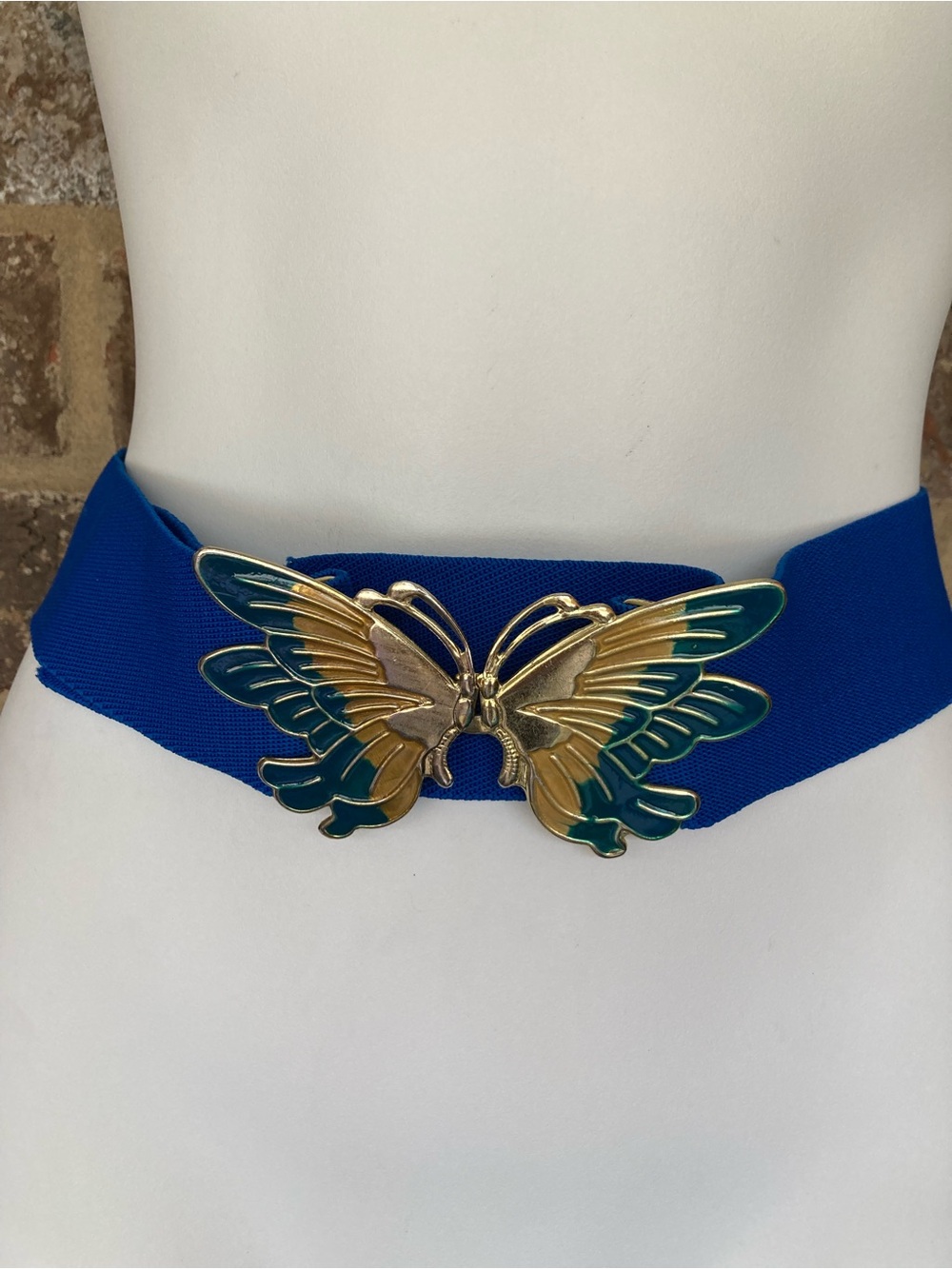 VINTAGE Belt Butterfly Stretch Metallic Buckle Wide Navy Blue Size Small